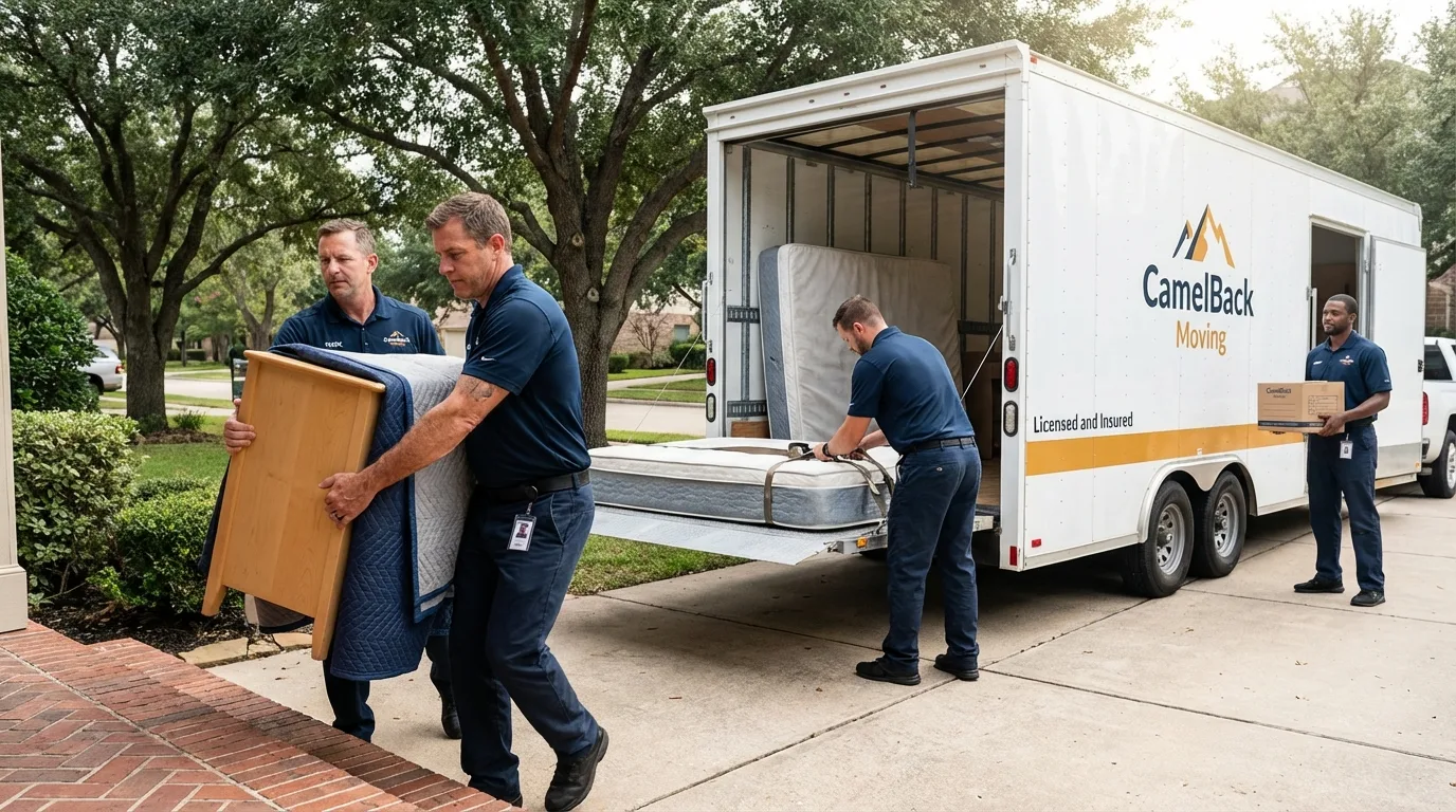 Crew loading residential truck for cross-state move from Fairchild Air Force Base, WA