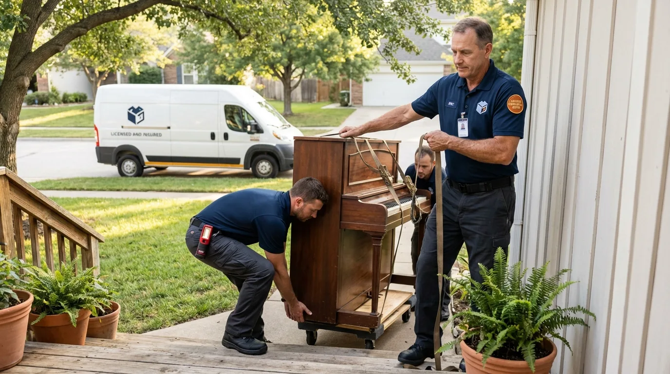 Licensed piano movers securing grand piano in Fairchild Air Force Base, WA