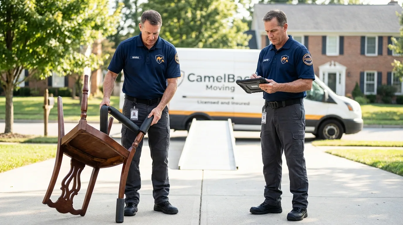 Movers inspecting furniture for damage prevention before loading in Fairchild Air Force Base, WA