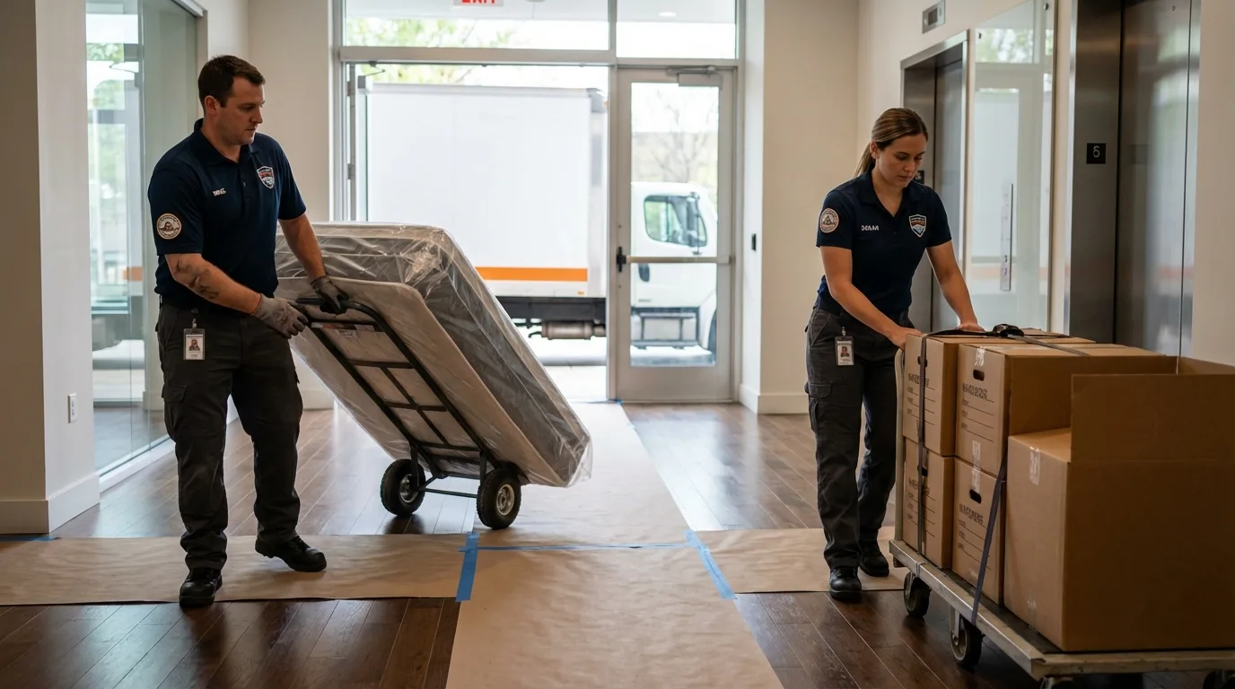 Professional apartment movers loading elevator in Fairchild Air Force Base, WA