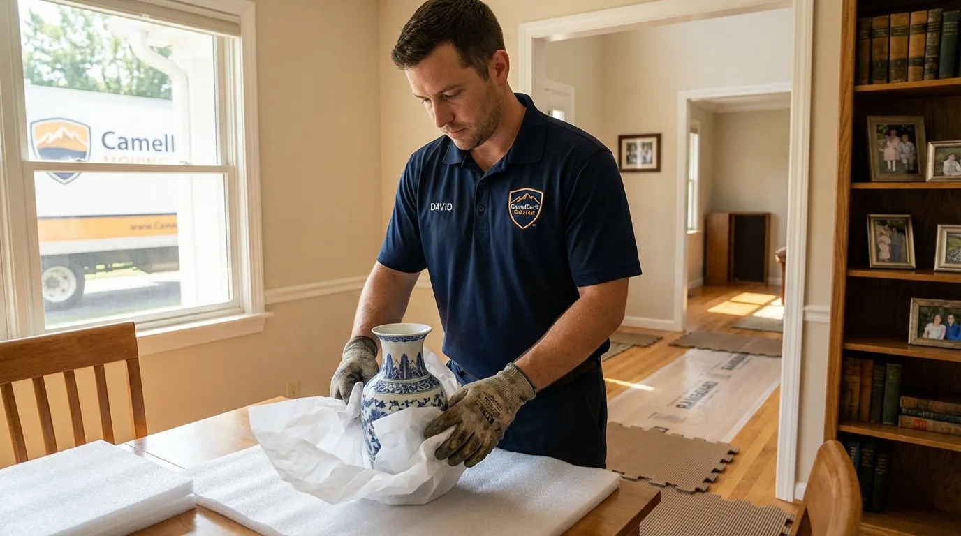 Professional crew carefully wrapping antique vase for senior downsizing move in Fairchild Air Force Base, WA