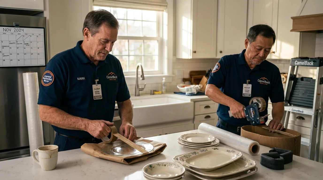 Professional crew packing kitchen dishware in Fairchild Air Force Base, WA